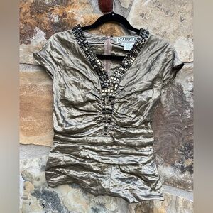 Carlisle Y2K Satin Jeweled Ruched Career Office Siren Blouse Top Cap Sleeves NWT